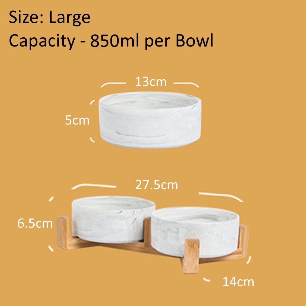 Double Marble Ceramic Bowls With Bamboo Stand - Bowls from . at DoggyTopia