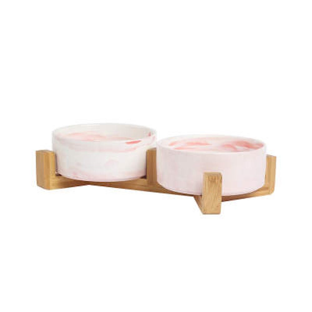 Double Marble Ceramic Bowls With Bamboo Stand - Bowls from . at DoggyTopia