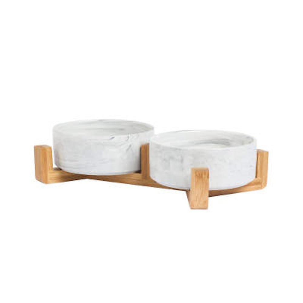 Double Marble Ceramic Bowls With Bamboo Stand - Bowls from . at DoggyTopia
