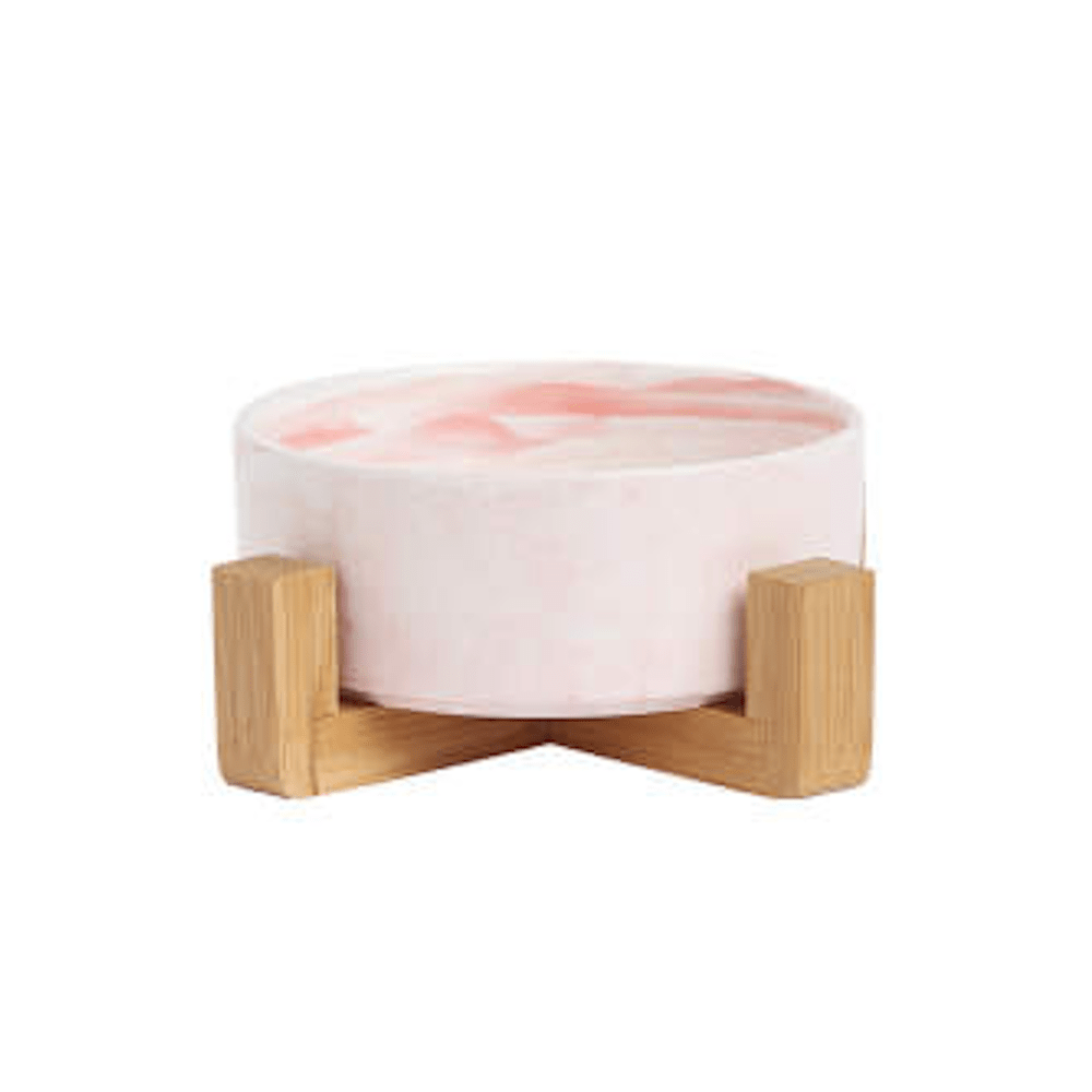 Marble Ceramic Bowl with Bamboo Stand - Bowls from . at DoggyTopia