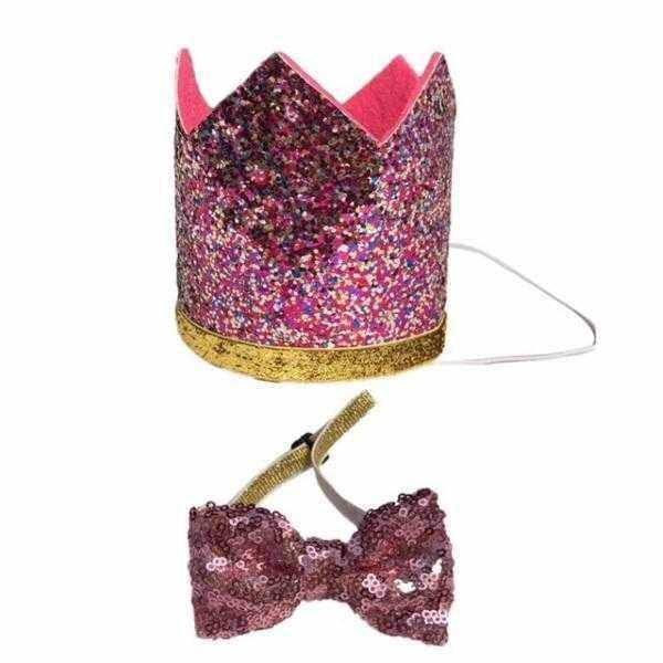 Dog Birthday Crown & Bow Tie Collar - Pink/gold Custom Age - Dog Party Hats from . at DoggyTopia
