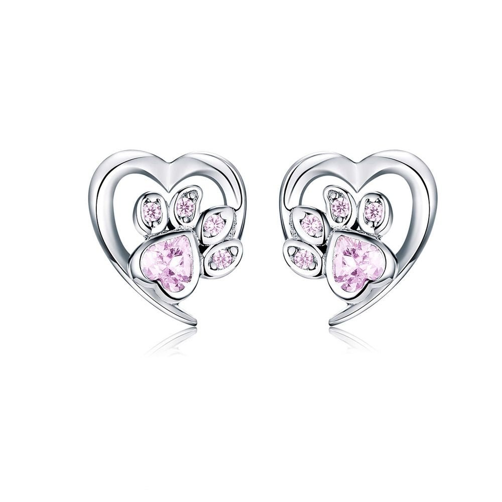 Love Heart Paw Sterling Silver Stud Earrings - Pink - Earrings from . at DoggyTopia