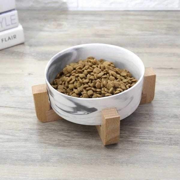 Marble Ceramic Bowl with Bamboo Stand - Bowls from . at DoggyTopia