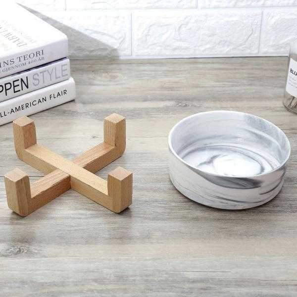 Marble Ceramic Bowl with Bamboo Stand - Bowls from . at DoggyTopia