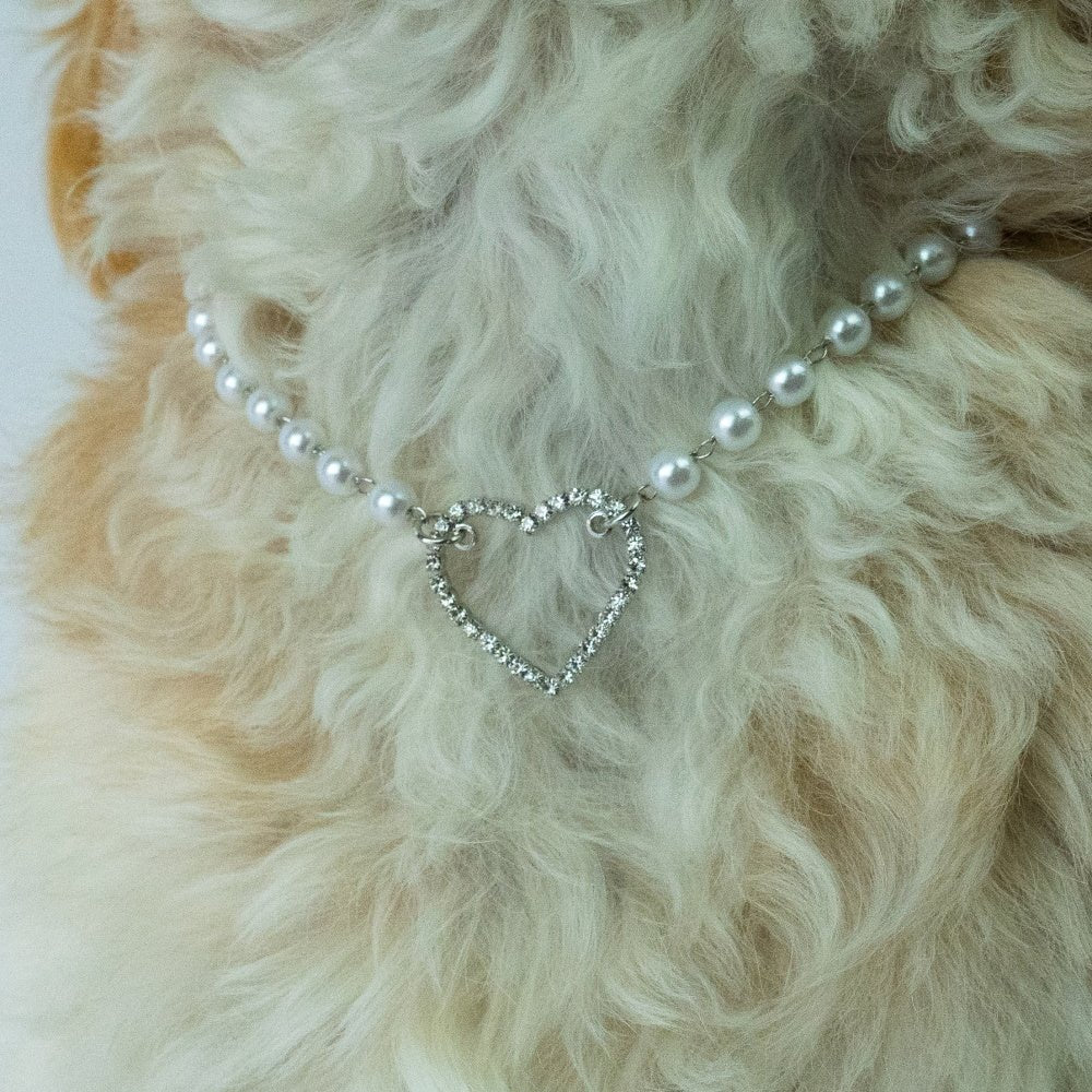 Pearl Diamante Heart Dog Necklace - Dog Necklaces from Sale at DoggyTopia