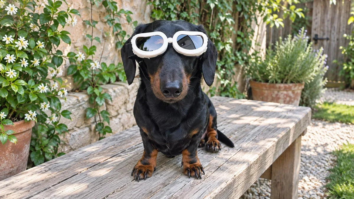 Black and tan Dachshund wearing white dog goggles outdoors