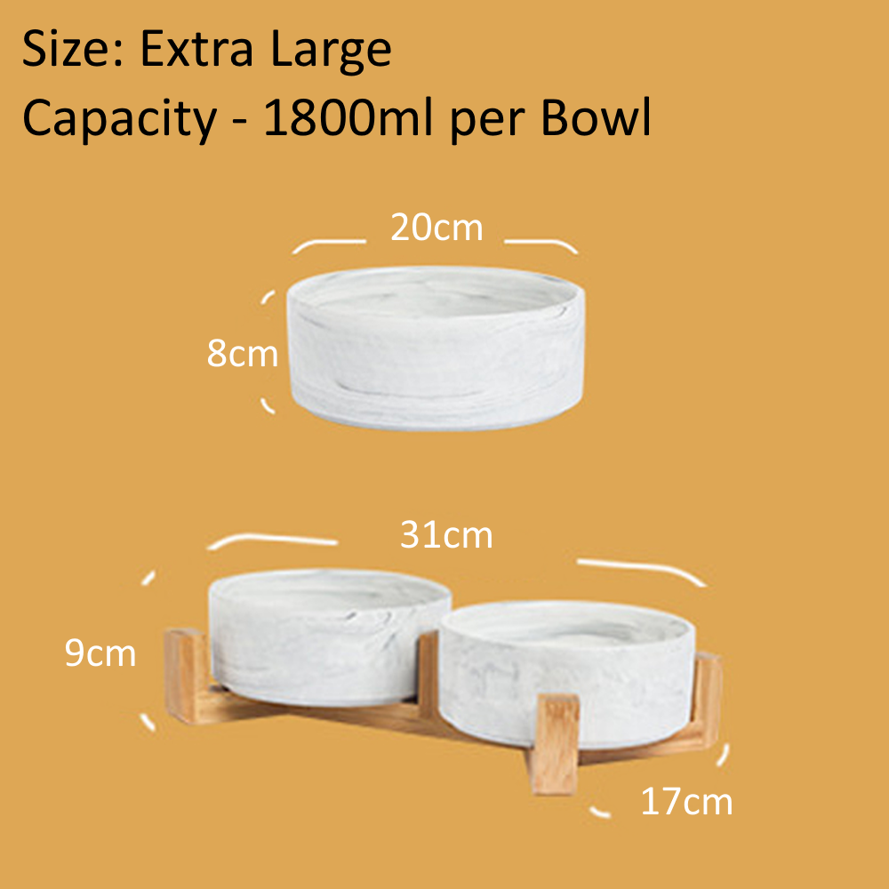 Double Marble Ceramic Bowls With Bamboo Stand