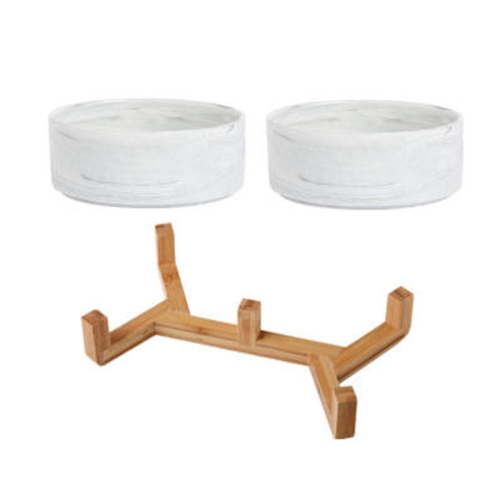 Double Marble Ceramic Bowls With Bamboo Stand