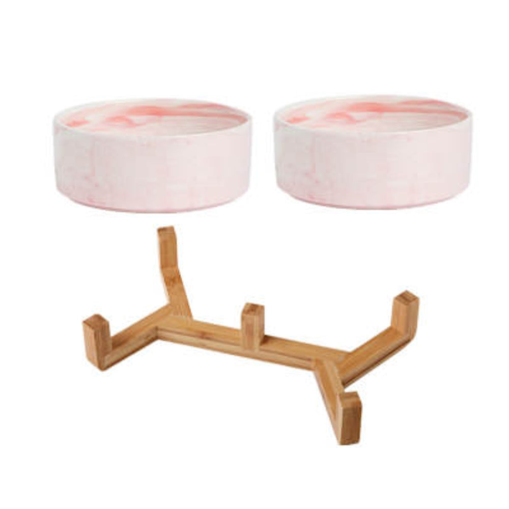 Double Marble Ceramic Bowls With Bamboo Stand